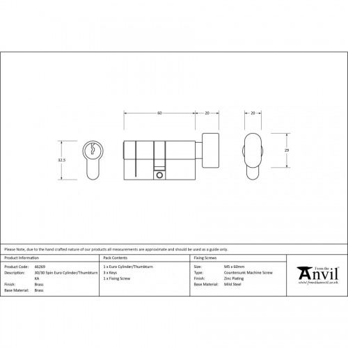 Brass 30/30 5pin Euro Cylinder/Thumbturn KA